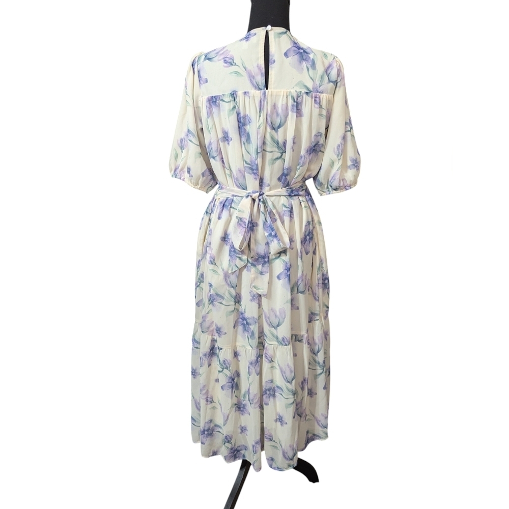 Polagram Women’s Chiffon Floral Watercolor Midi Belted Dress Smocked Bodice S - Picture 4 of 12